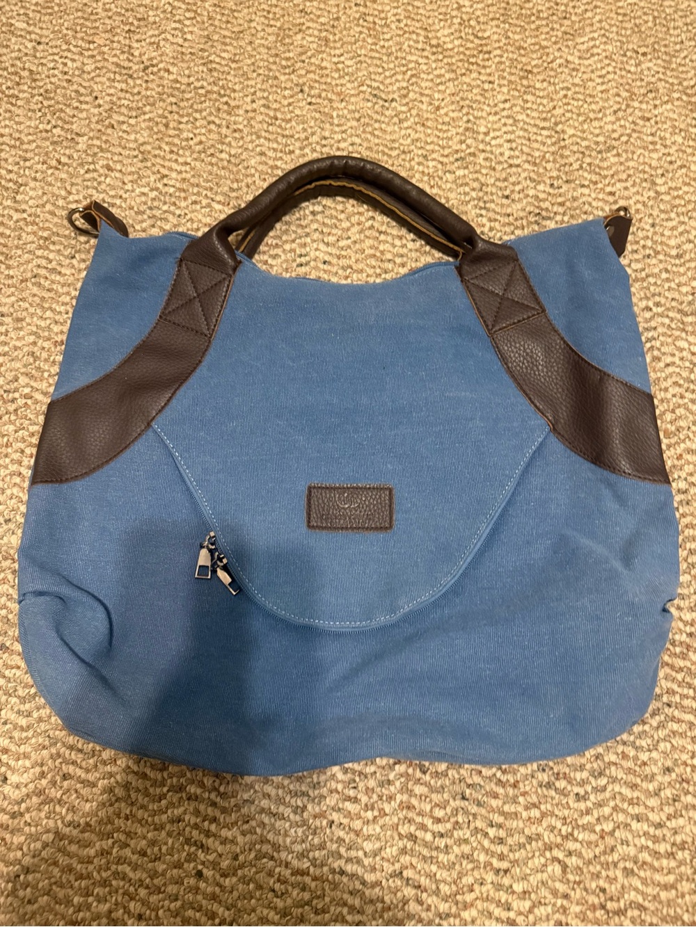 Blue Canvas Tote with Dark Brown Trim